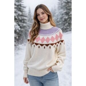 Free Assembly Fair Isle Turtleneck Wool Sweater Large Cozy Winter Knit